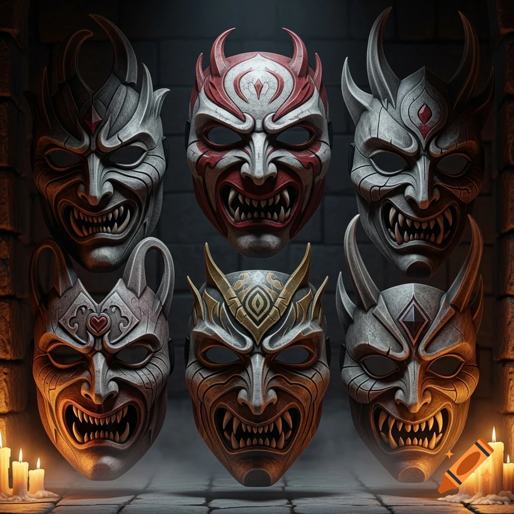 Six intricately detailed, horned, and fanged demonic masks displayed on a dark brick wall, lit by candles.
