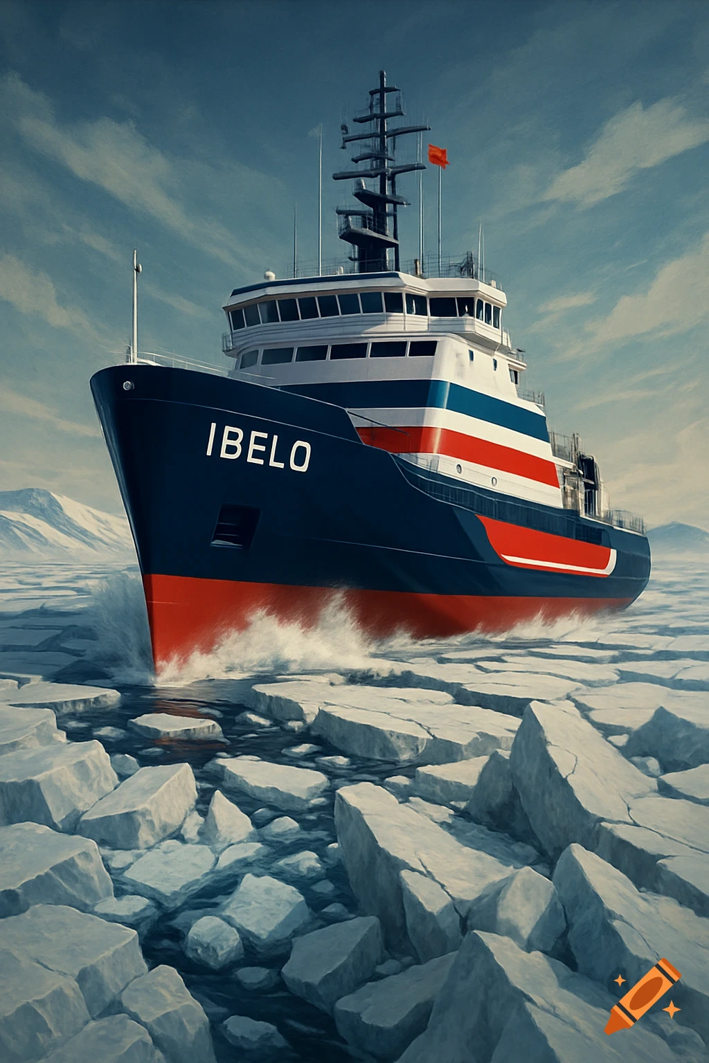 A large icebreaker ship named "IBELO" with a red, white, and blue hull breaks through thick Arctic ice under a cloudy sky.