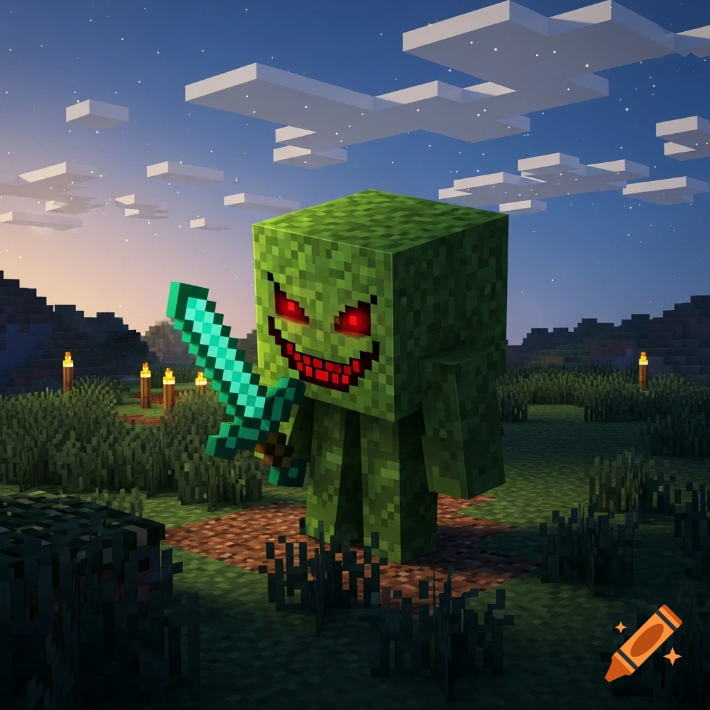 A blocky, green Minecraft-style creature with glowing red eyes and a jagged smile holds a diamond sword in a grassy field.