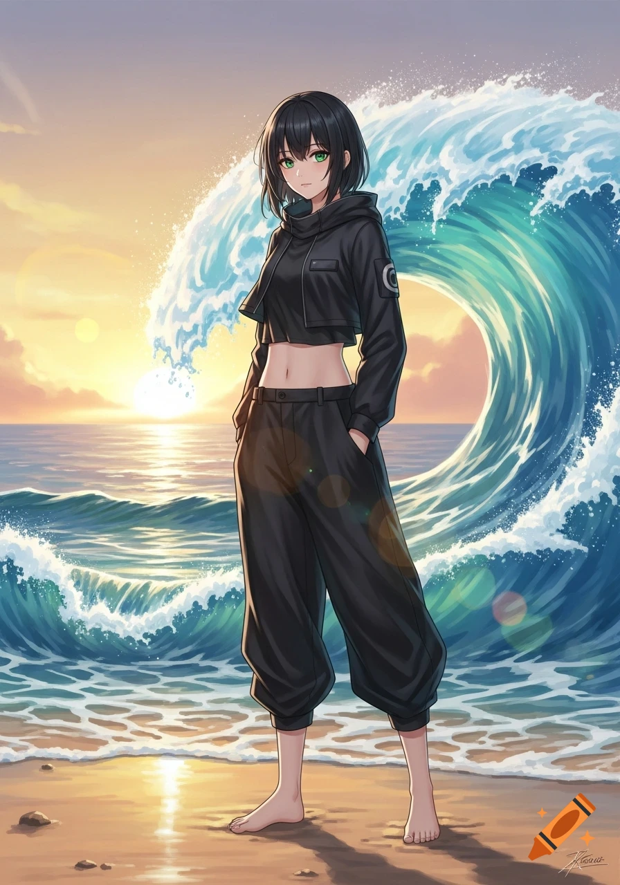An anime girl with black hair and green eyes stands on a sandy beach at ...