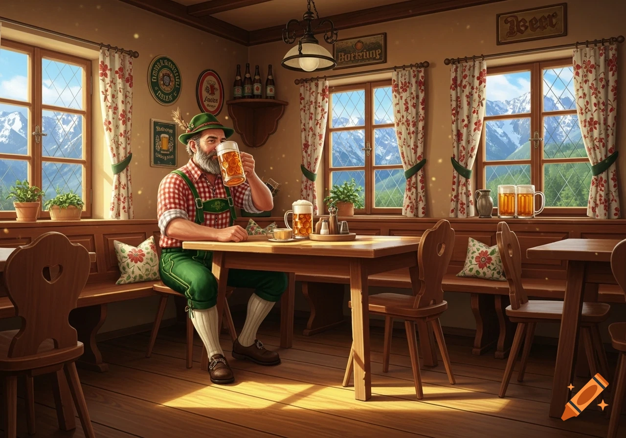 A bearded man in traditional Bavarian lederhosen and hat sips a beer in a cozy, sunlit pub with mountain views outside the windows.