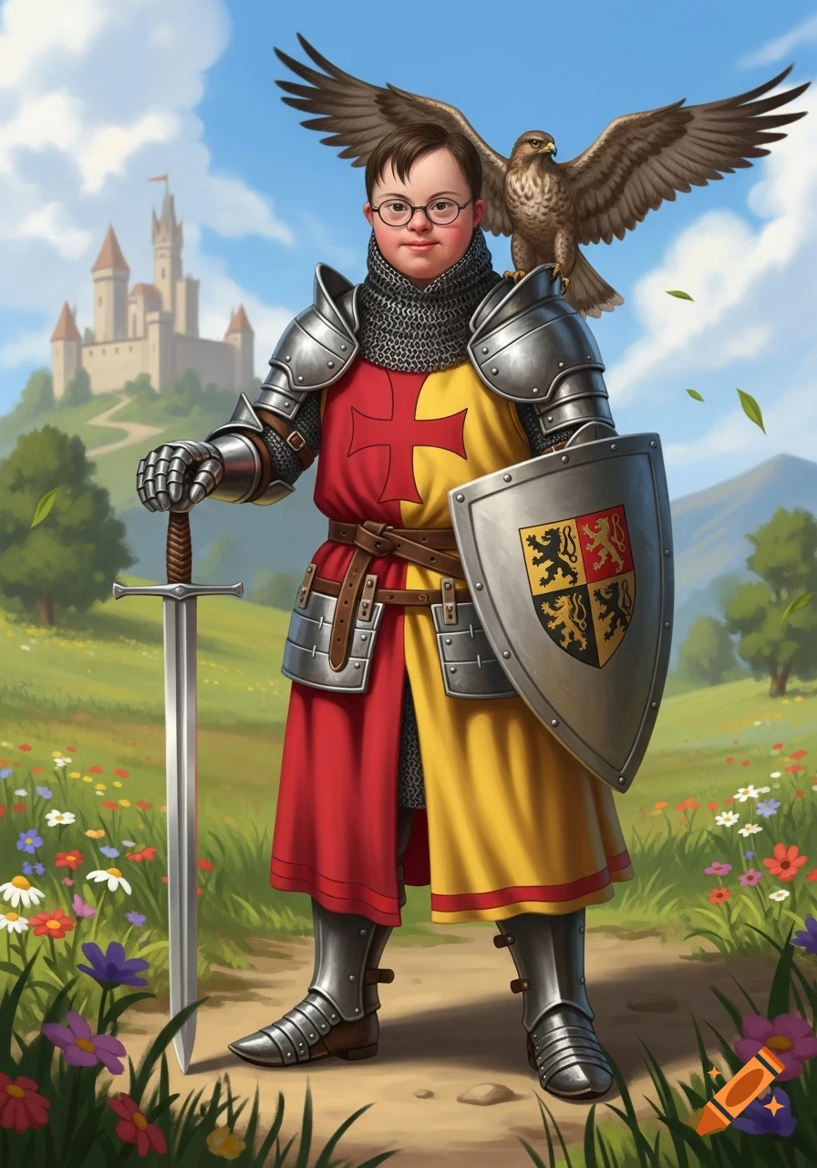 Illustrative portrait of a person with Down syndrome as a knight with an eagle, sword, and shield, in a vibrant field with a castle.