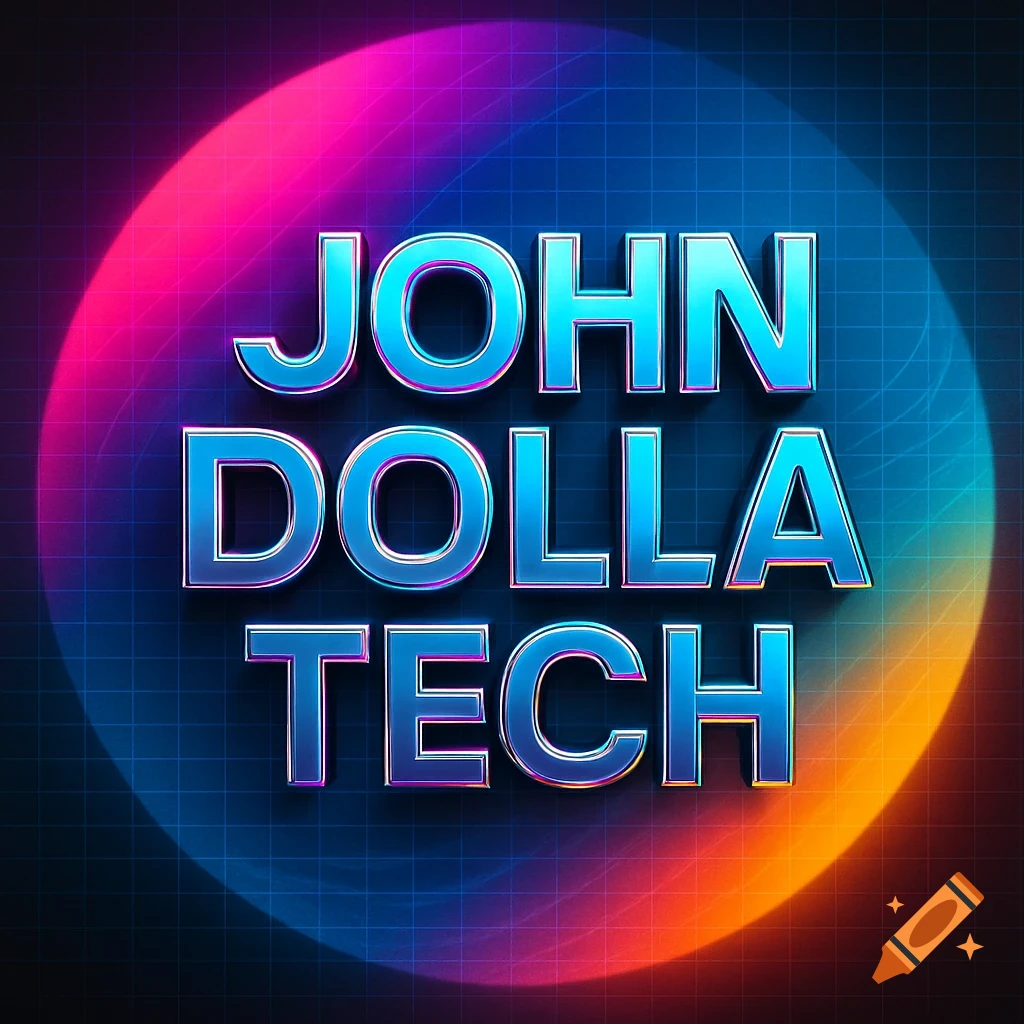 Metallic blue-pink gradient text 'JOHN DOLLA TECH' on a dark blue grid with vibrant circular lights.