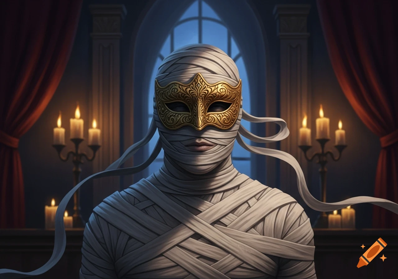A person wrapped in bandages wears an ornate golden mask, standing in a dimly lit, gothic room with candles and an arched window.