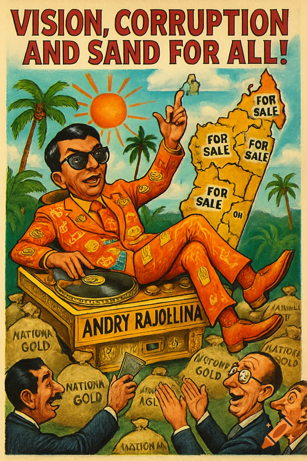A satirical poster showing a man in an orange suit with sunglasses, leaning on a gold DJ console surrounded by money bags. He points towards a map of Madagascar labeled "FOR SALE." Above, the slogan reads "VISION, CORRUPTION AND SAND FOR ALL!"