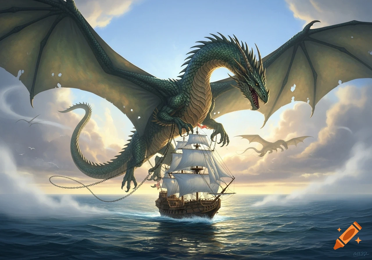 A large green dragon with widespread wings carries a sailing ship over a vast blue ocean under a cloudy sky.