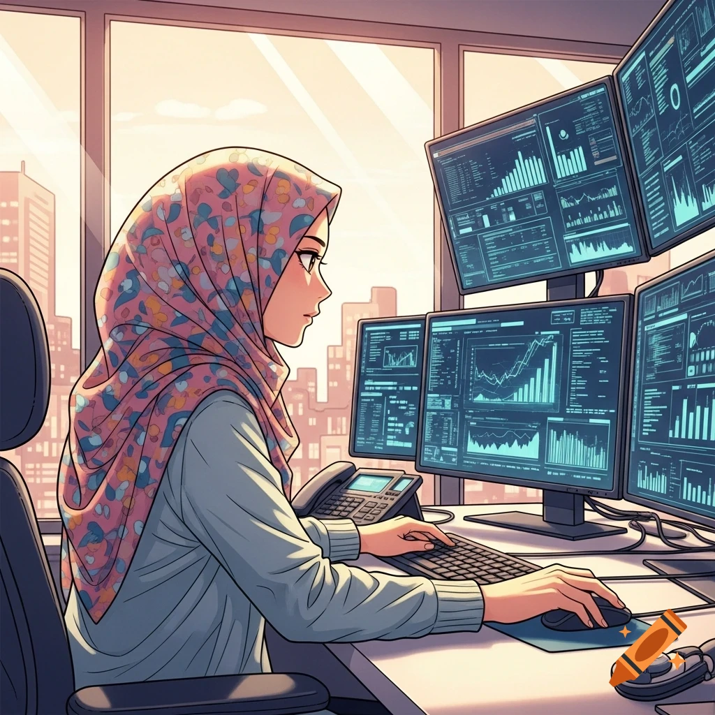 Manga style depiction of a woman in a floral hijab working at a multi-monitor computer desk in a bright office with city views.