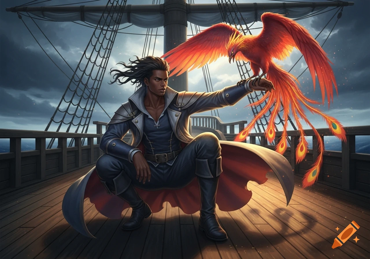 An anime-style black man crouches on a ship deck, a vibrant red phoenix perched on his outstretched arm, with a cloudy sky overhead.