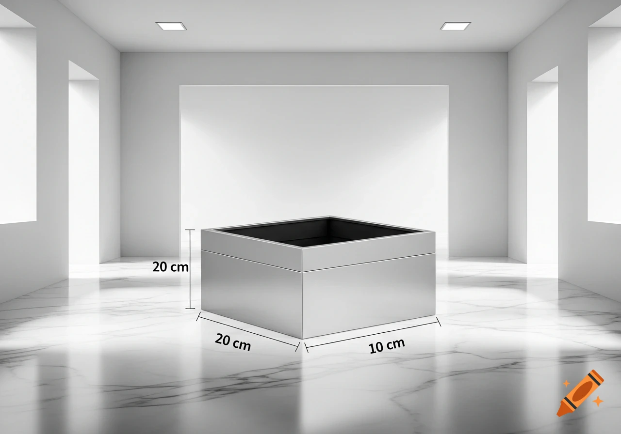 A minimalist white room features a silver square planter with dimensions 20 cm, 20 cm, and 10 cm labeled on its sides.