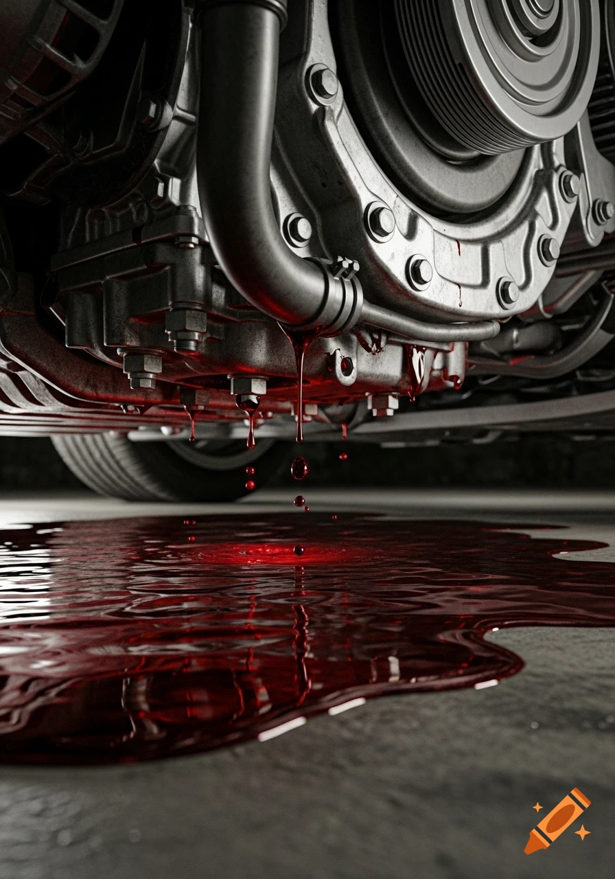 A detailed, low-angle shot of a car engine leaking red fluid onto a wet, reflective concrete floor.