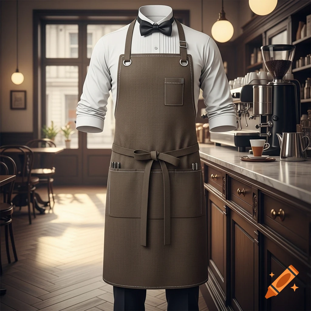 A barista uniform with a white shirt, black bowtie, and brown apron on a mannequin in a coffee shop.