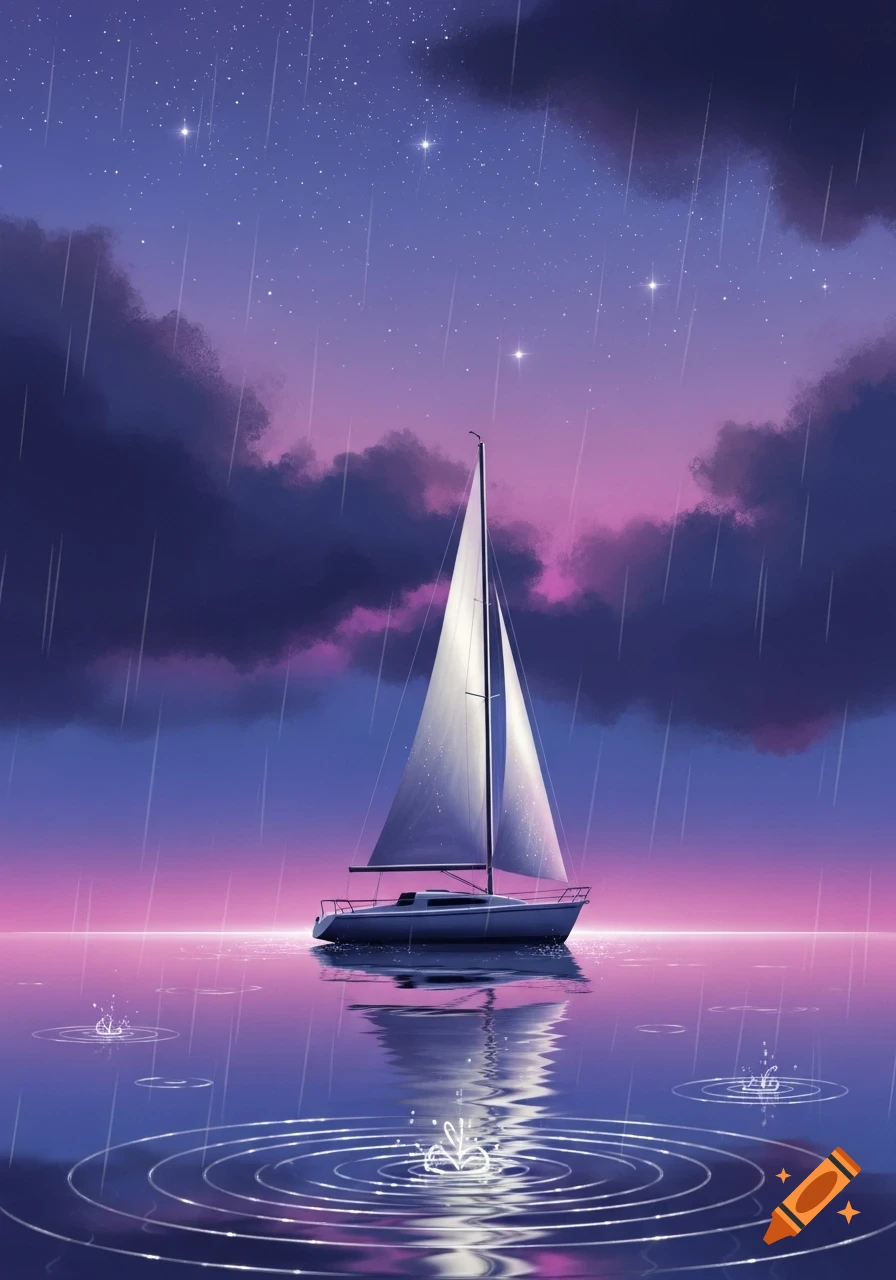 A stylized illustration of a sailboat on calm water under a starry, twilight sky with purple clouds and gentle rain.