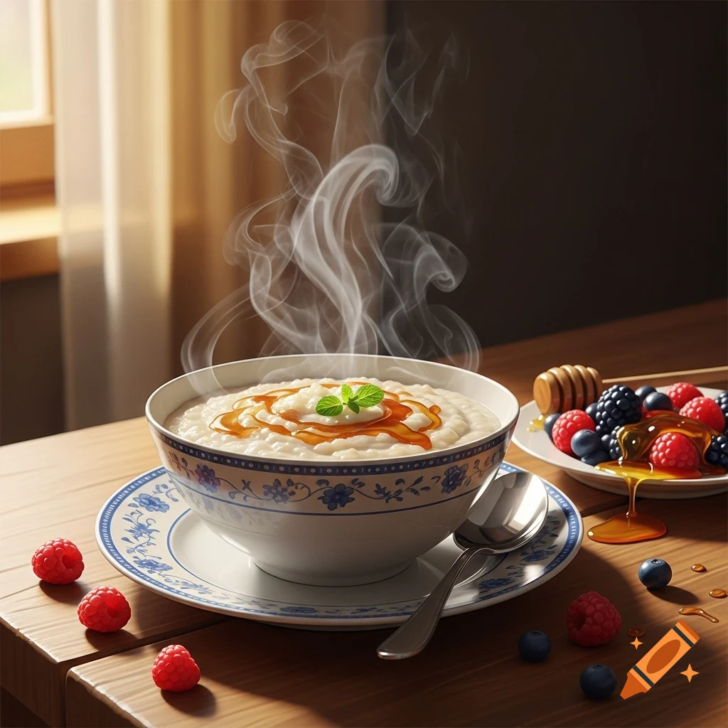 Steaming bowl of porridge with honey, mint, and fresh berries on a wooden table.