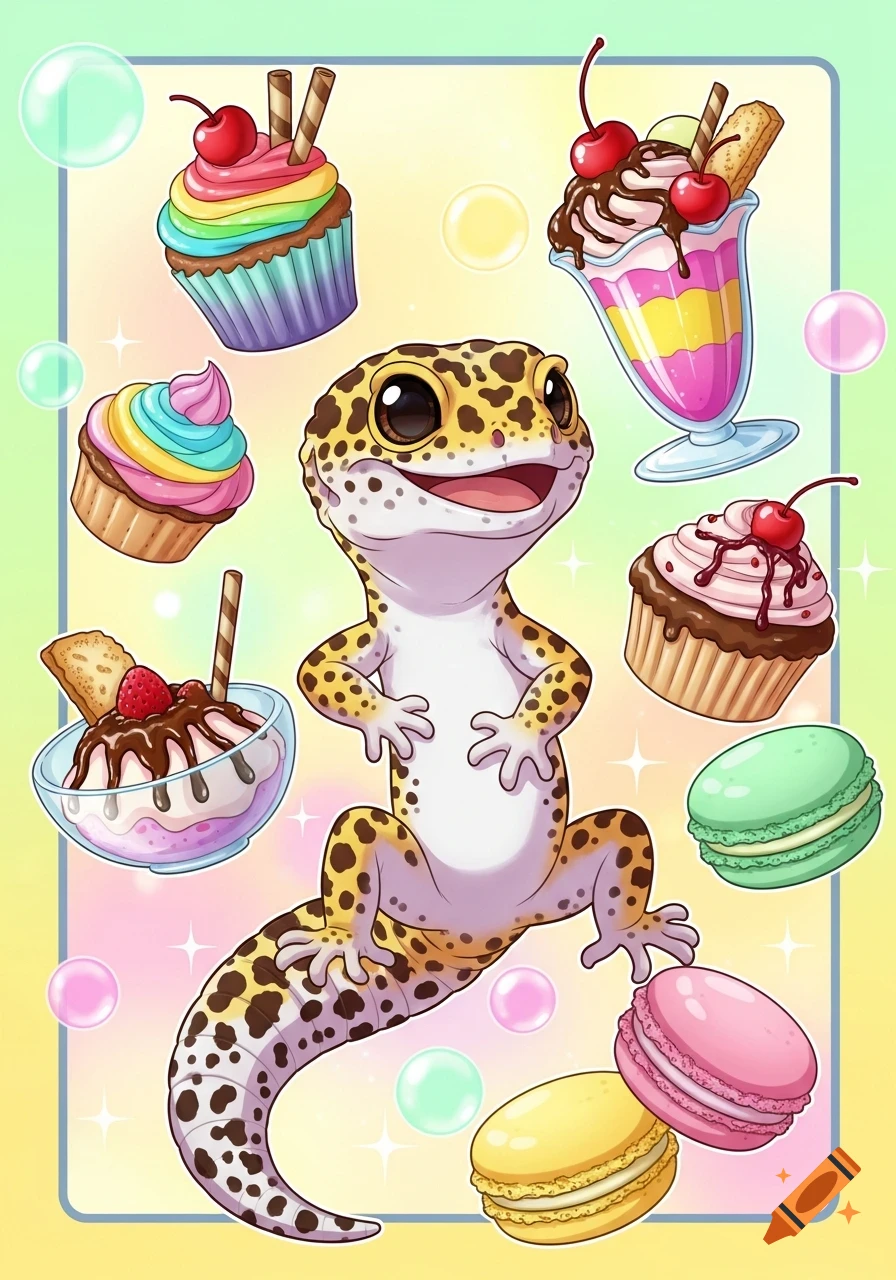 A cute leopard gecko in cartoon anime style, smiling while surrounded by colorful floating desserts like cupcakes, sundaes, and macarons, on a pastel background.