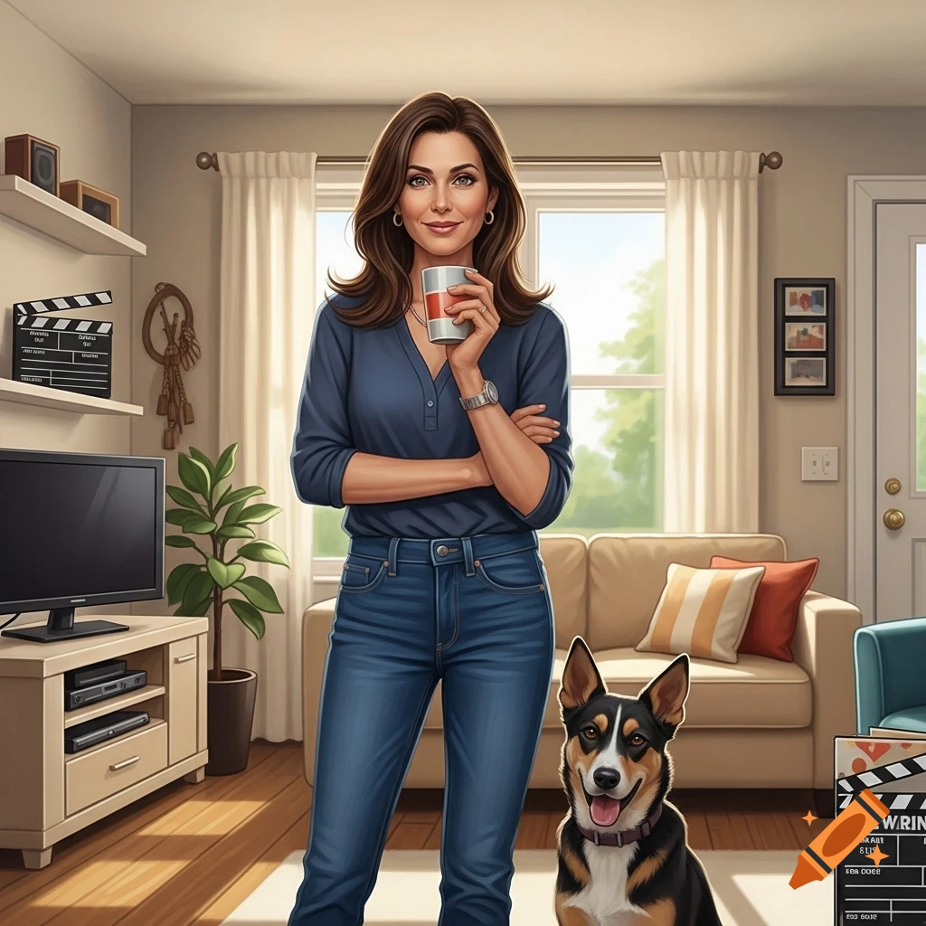 A stylized illustration of a woman in jeans holding a cup, standing in a living room with a brown-and-white dog.