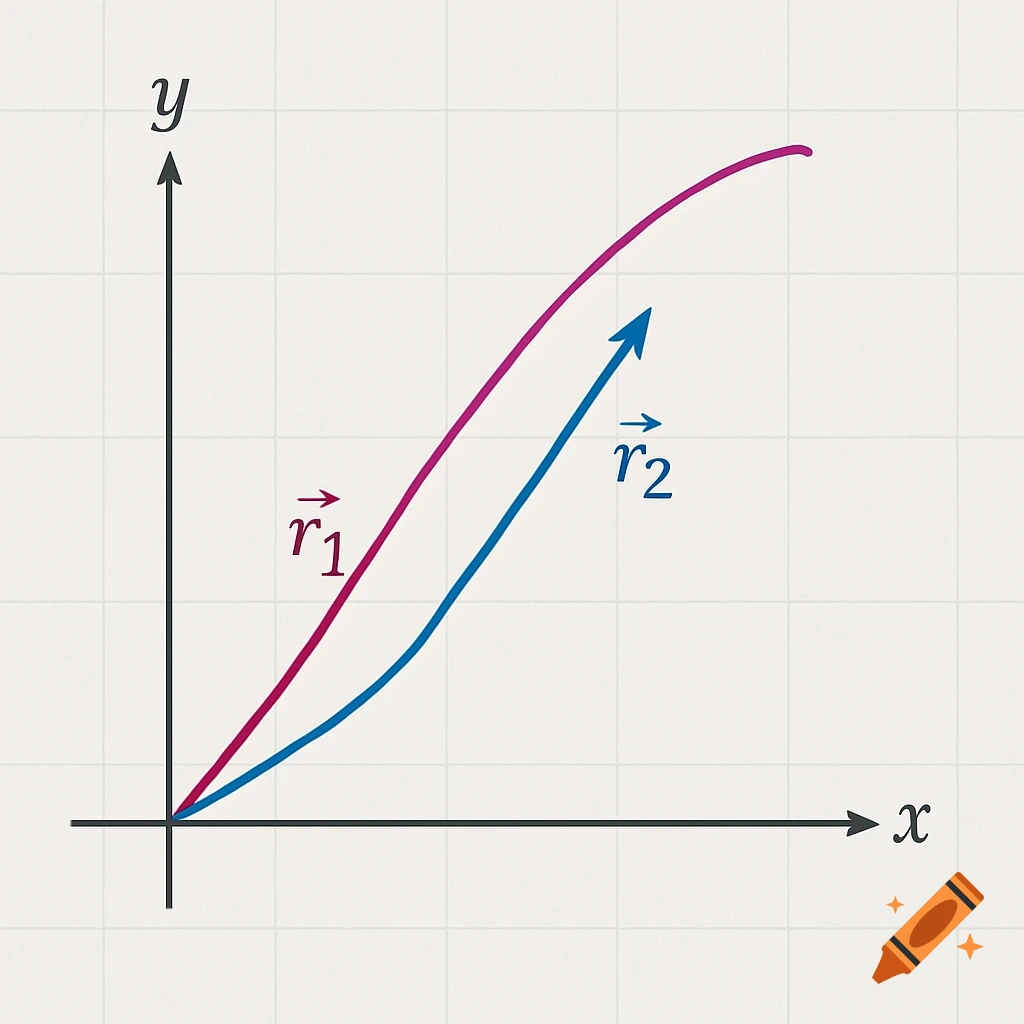 An x-y coordinate system with a purple curve and two vectors, r1 and r2, starting from the origin and ending on the curve.