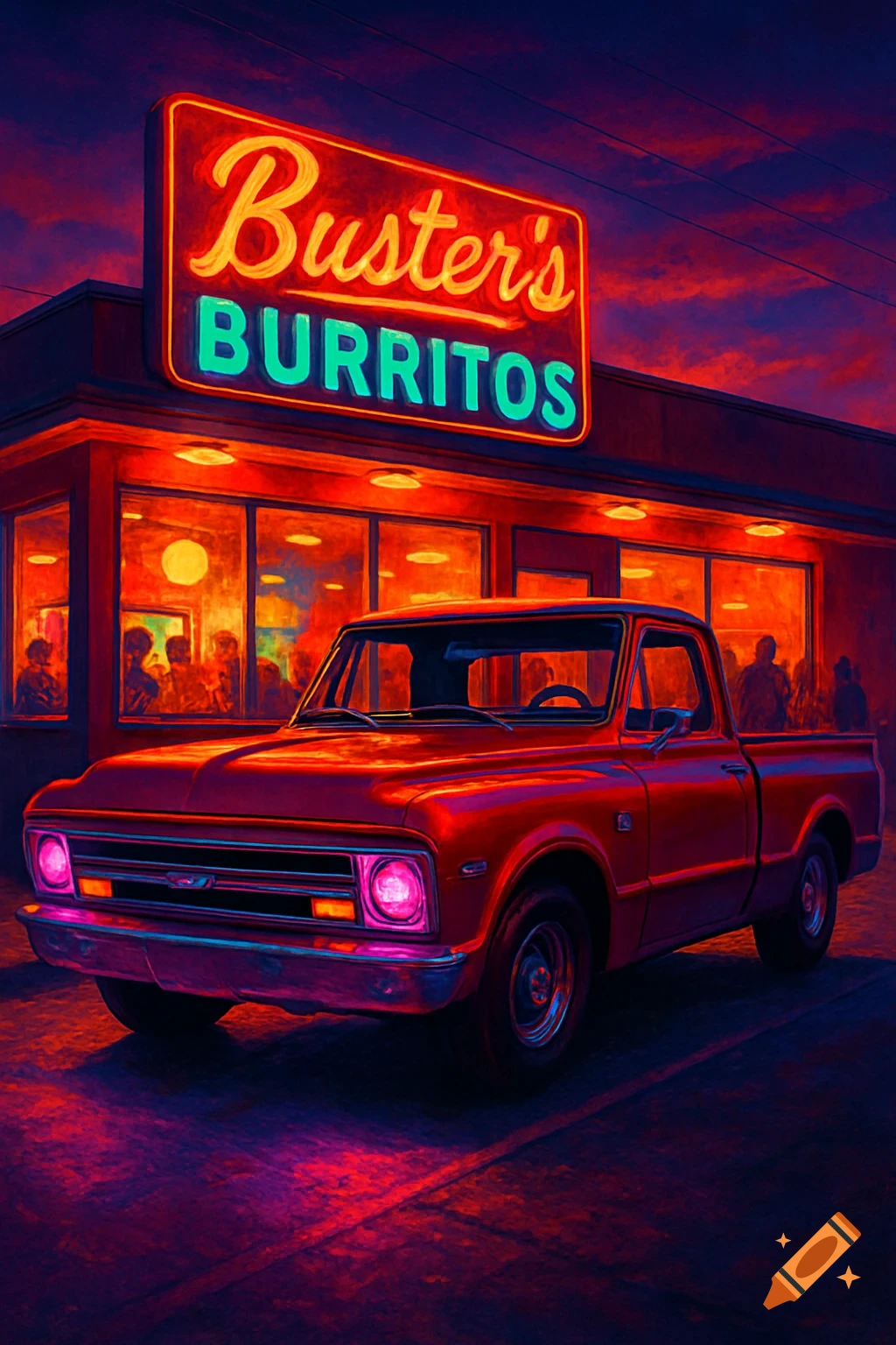 A vibrant, stylized image of a red 1967 Chevrolet pickup truck with purple headlights parked in front of a neon-lit "Buster's Burritos" restaurant at dusk.