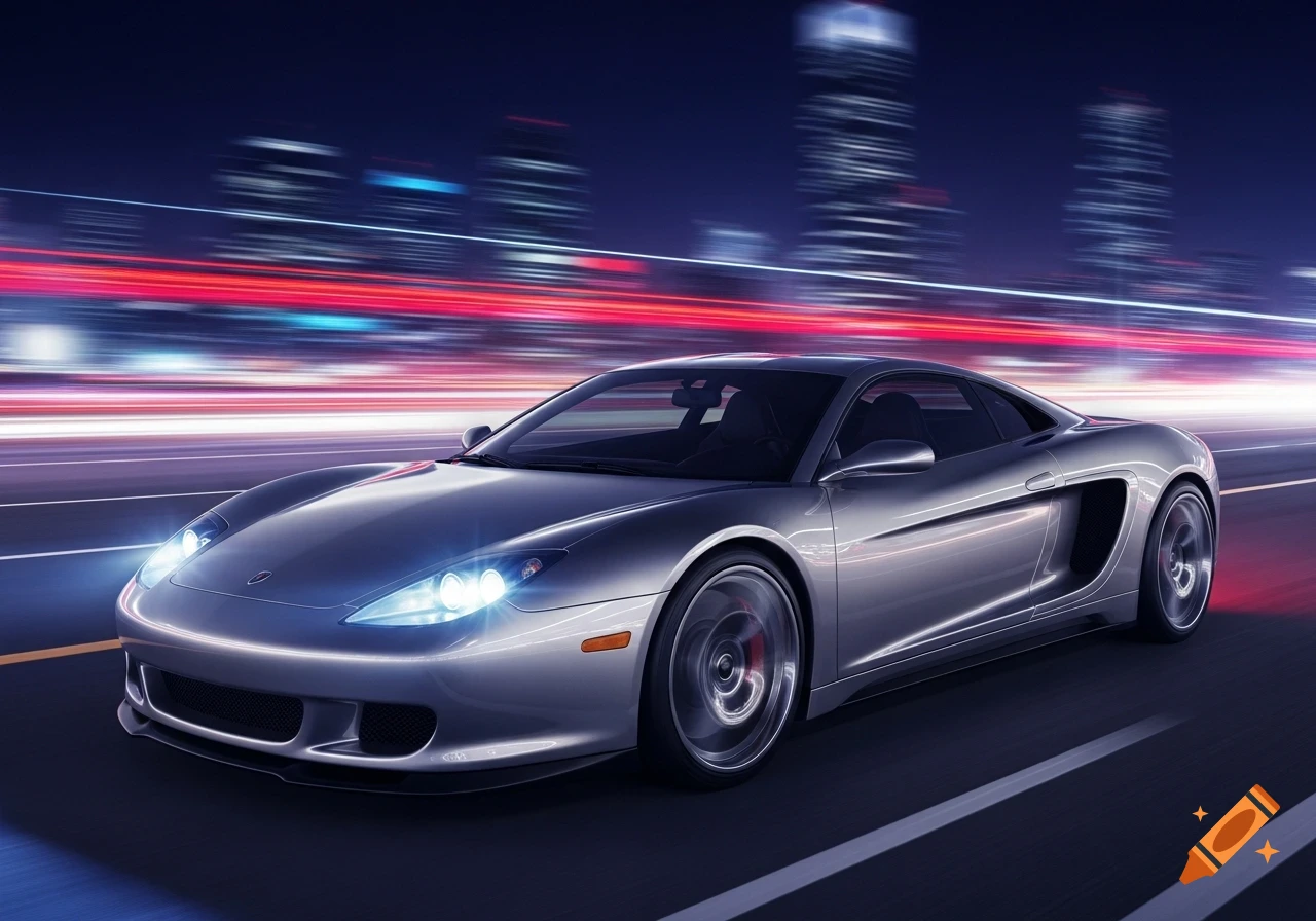 A silver sports car with bright headlights speeds down a wet city road at night, with motion-blurred red and white lights in the background, photorealistic.