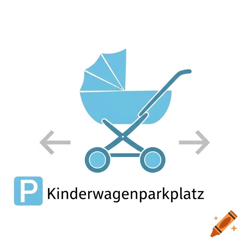 Blue pictogram of a stroller with a 'P' symbol and the text 'Kinderwagenparkplatz' between left and right arrows on a white background.