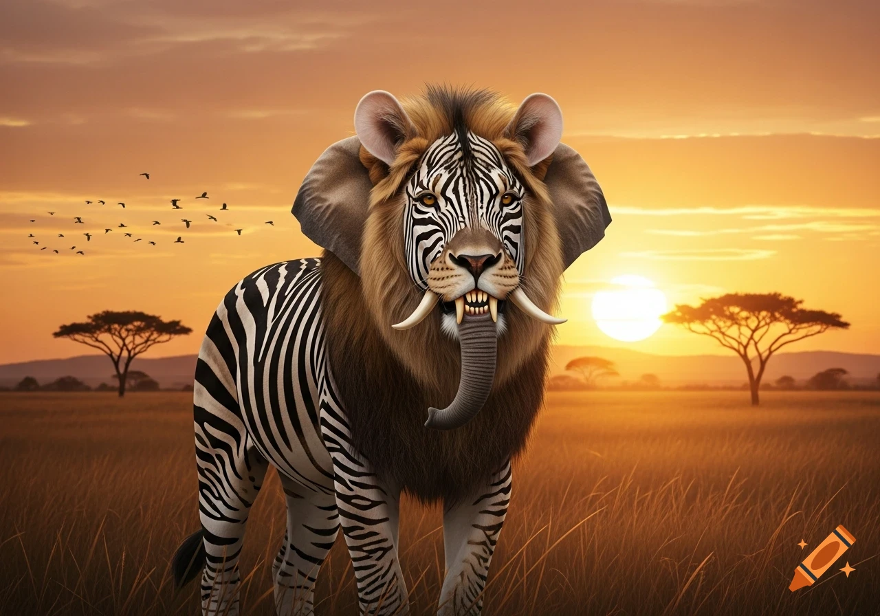 A fantastic hybrid creature with a lion's mane, zebra stripes, elephant ears, and trunk, stands in a savanna at sunset.