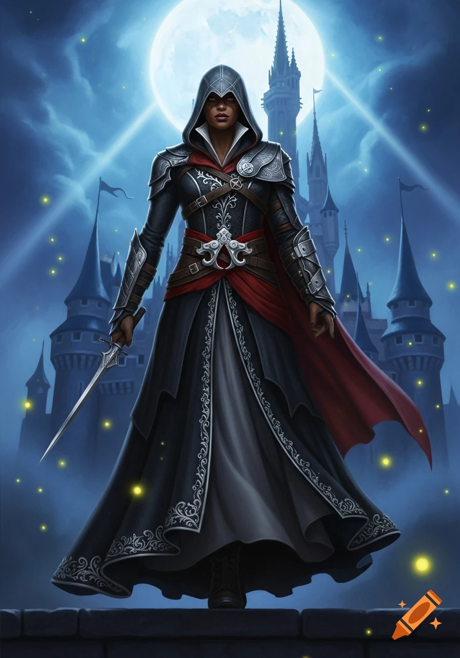 Stylized art of an African American female assassin with a sword, in front of a castle under a full moon, with glowing orbs.