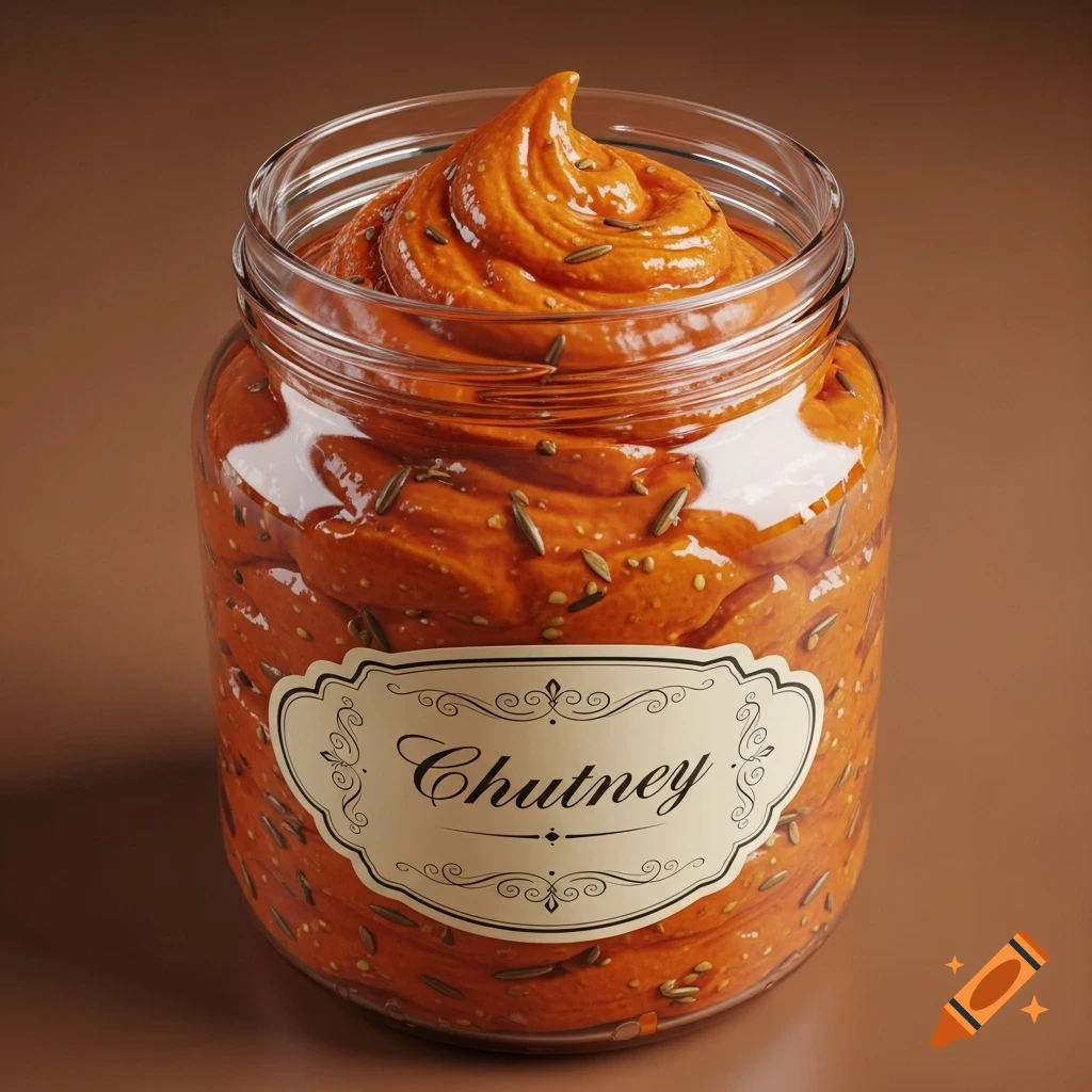 A 3D rendering of a glass jar filled with vibrant orange chutney, topped with a swirl and spices, featuring a label that reads "Chutney".