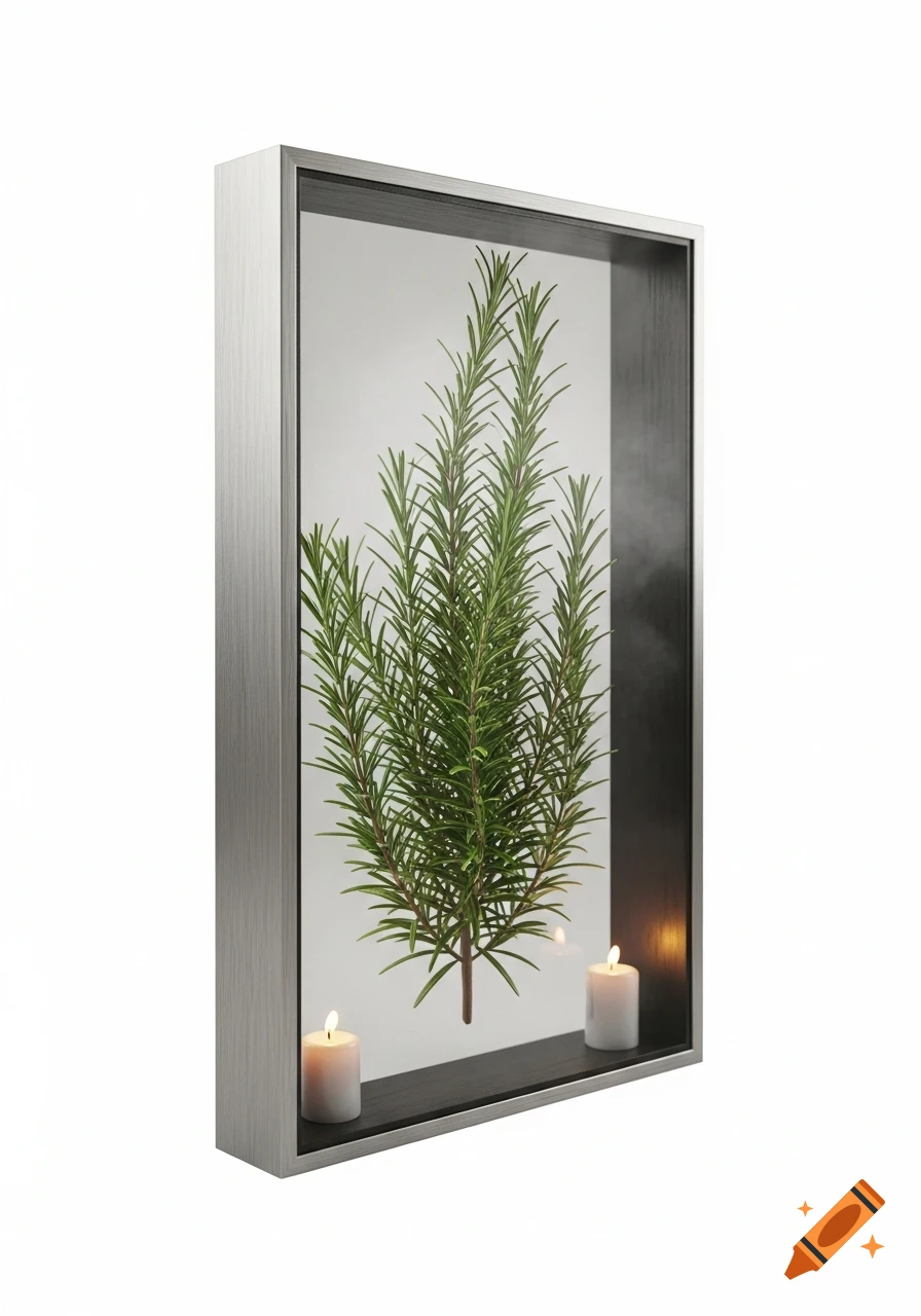 A rosemary plant in a rectangular metal frame with two lit white candles on the bottom shelf.