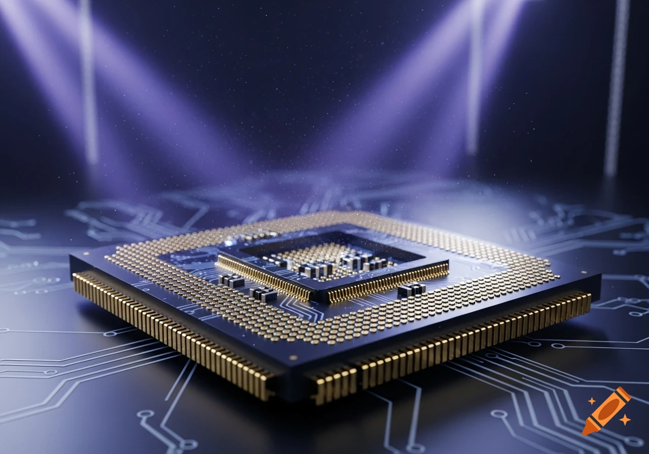 Photorealistic close-up of a computer processor with gold pins on a circuit board, illuminated by purple spotlights.