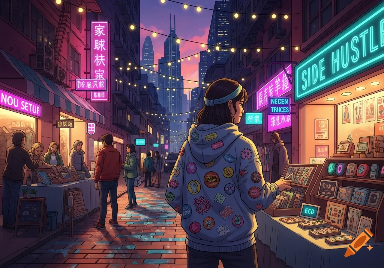 A person in a patch-covered hoodie shops at a vibrant night street market with neon signs and a city skyline in the background, in an anime style.
