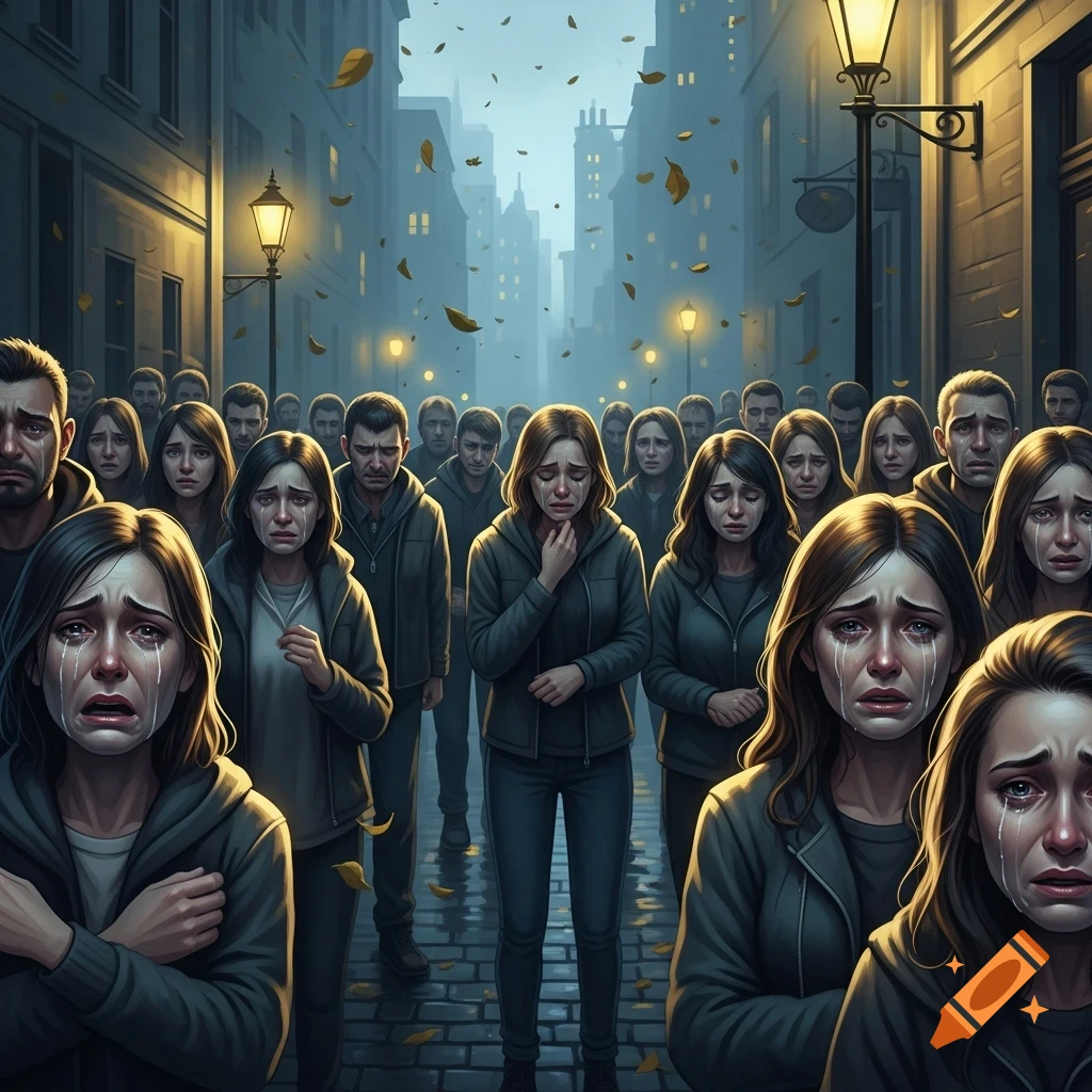 A large crowd of people, primarily women, with tears streaming down their faces, stand on a rainy city street with falling leaves, depicted in a somber illustration.