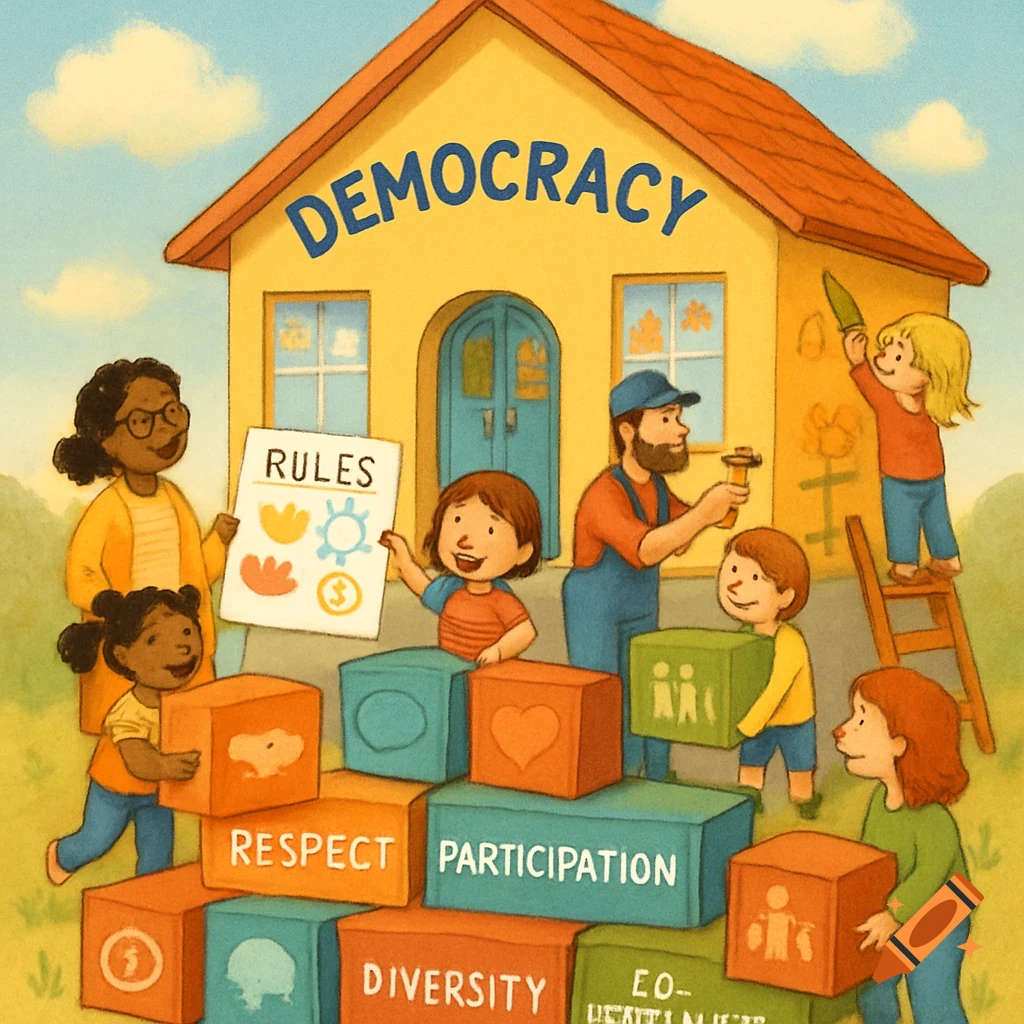 A colorful cartoon illustration of diverse adults and children building a yellow house labeled "DEMOCRACY" with blocks inscribed with words like "RESPECT," "PARTICIPATION," and "DIVERSITY."