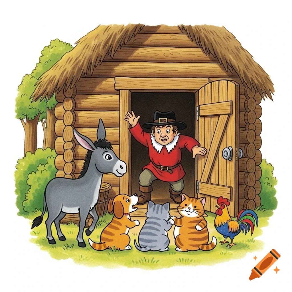 A cartoon illustration of a surprised man in a log cabin doorway, looking at a donkey, dog, cat, and rooster standing in a grassy field.