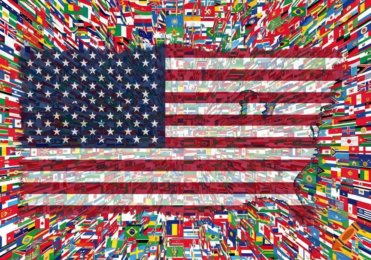 A vibrant collage composed of many different world flags arranged to form the flag of the United States of America.