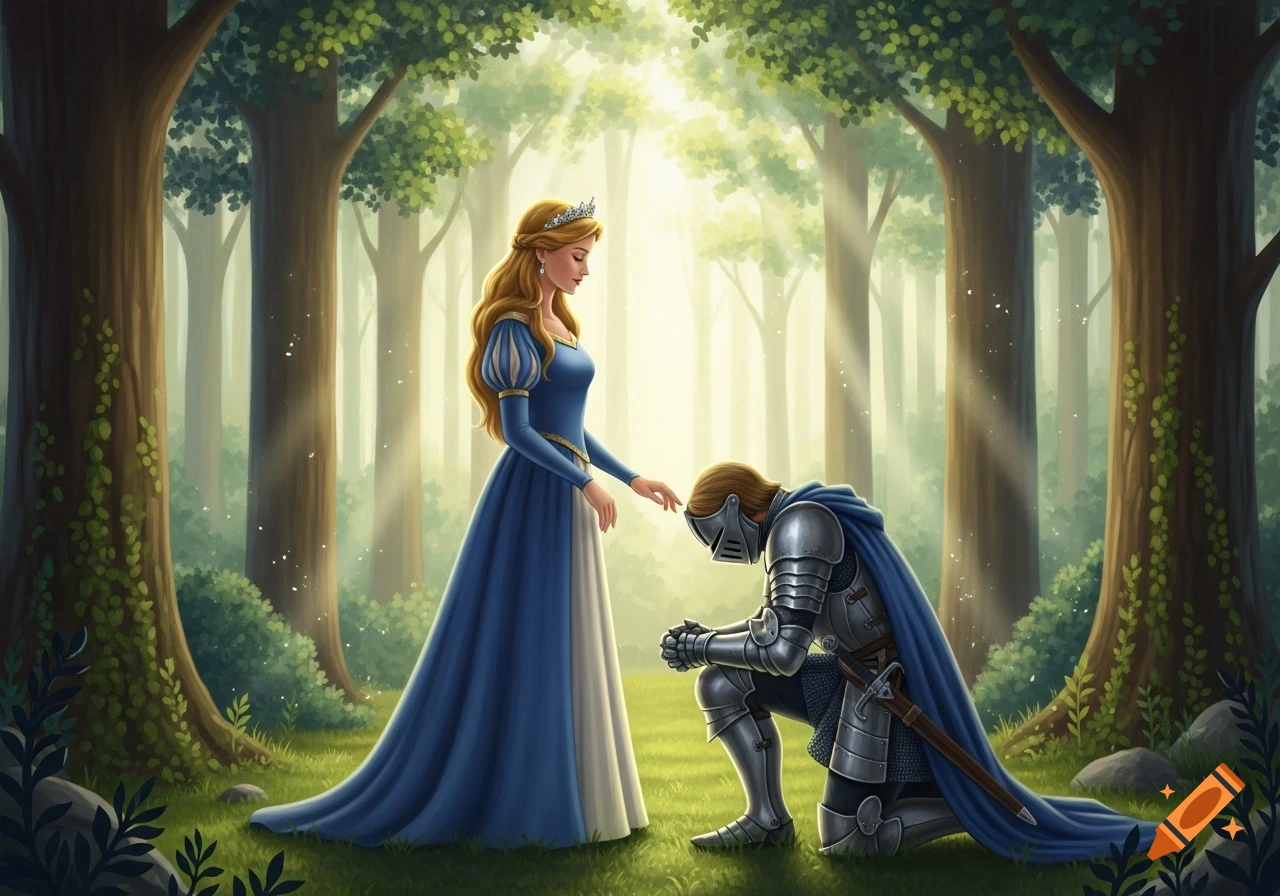 A beautiful princess in a blue gown stands in a sunlit forest as her knight kneels before her, bowing his head.