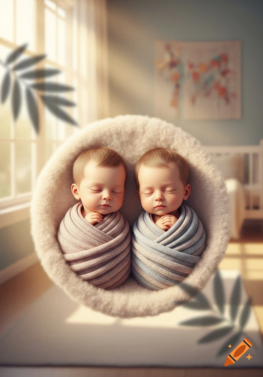 Two swaddled newborn babies sleeping peacefully in a soft, round basket, bathed in warm sunlight in a nursery.