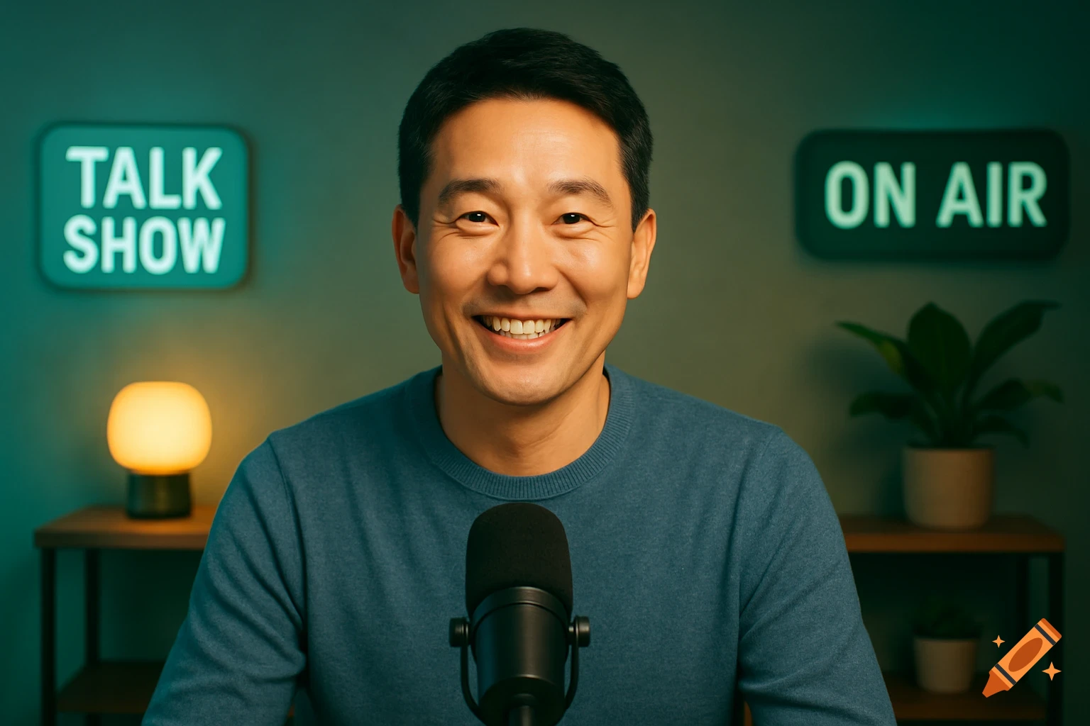 Smiling man with a microphone in a warm-lit studio, with 'TALK SHOW' and 'ON AIR' signs in background.