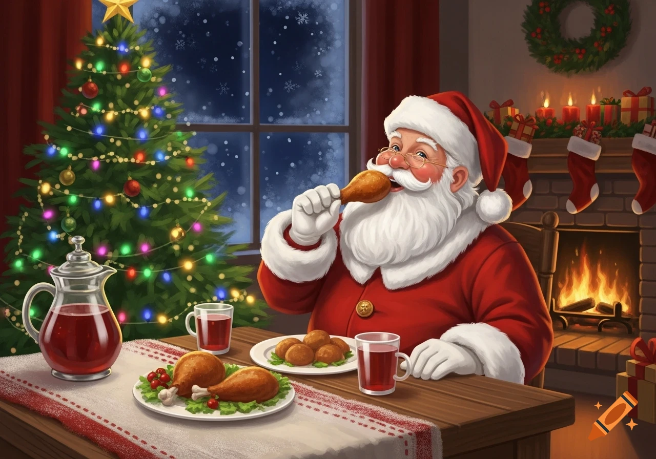 Smiling Santa Claus eating a chicken drumstick at a table, with a decorated Christmas tree and fireplace in the background.