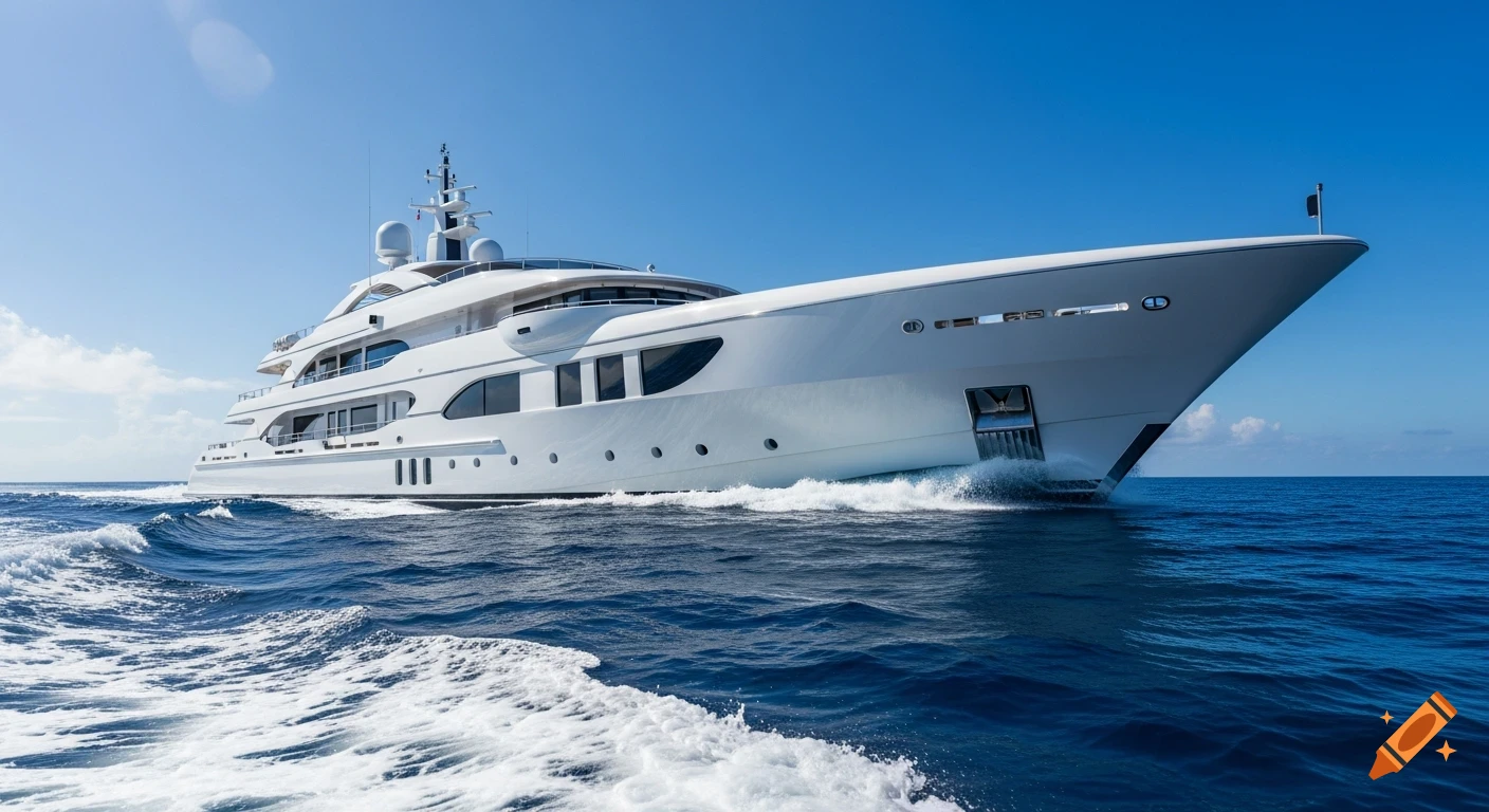 A large white mega yacht sails across a deep blue ocean, leaving a white wake under a clear bright blue sky.