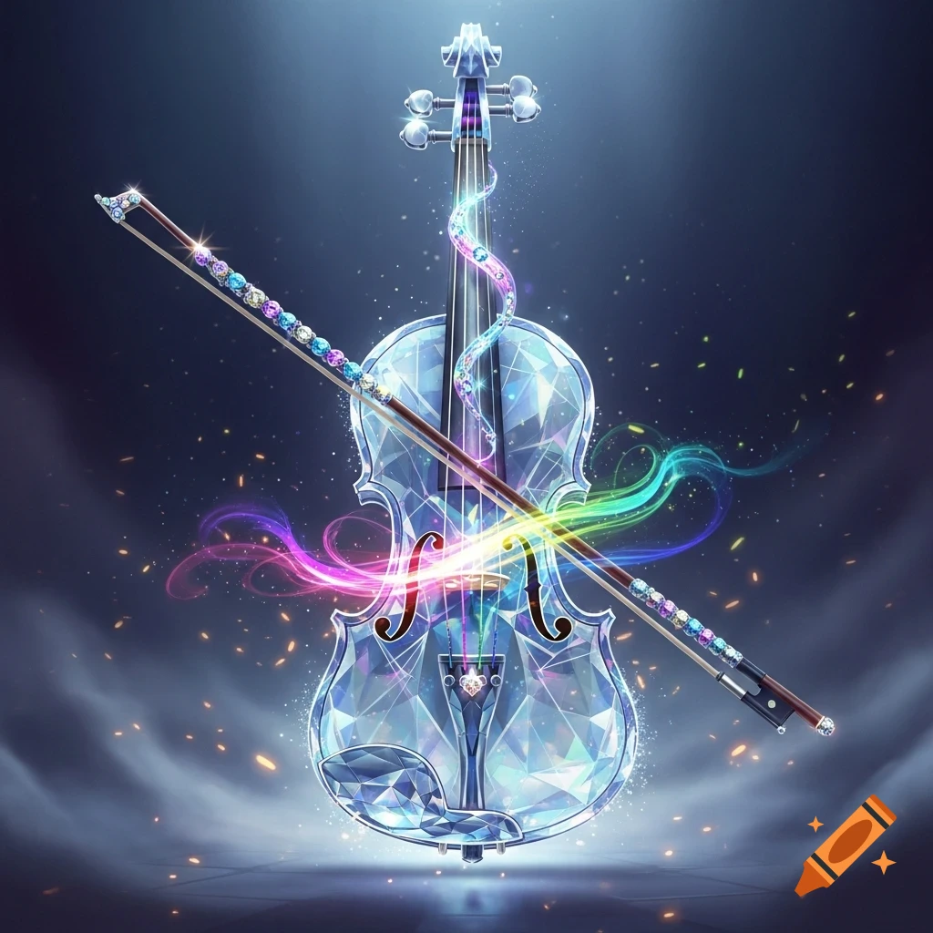 A shimmering crystal violin and bow with colorful glowing light trails and sparkles on a dark background.