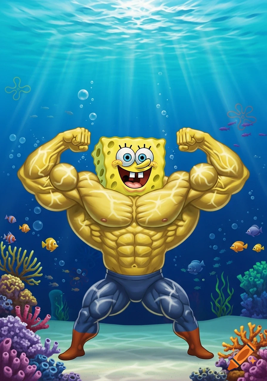Buff SpongeBob SquarePants flexing his muscular body underwater with coral and fish.