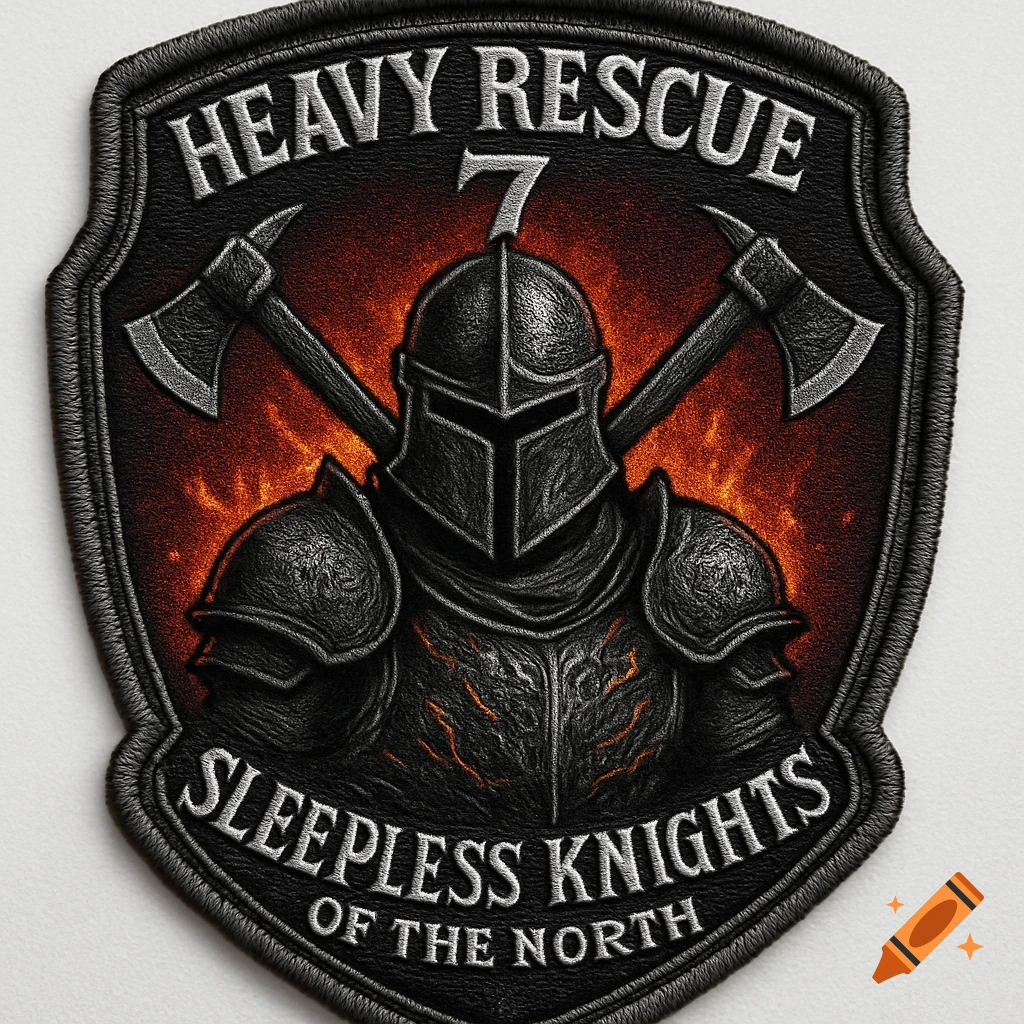 Embroidered patch featuring a dark knight helmet, crossed axes, and fire, with text 'HEAVY RESCUE 7' and 'SLEEPLESS KNIGHTS OF THE NORTH'.