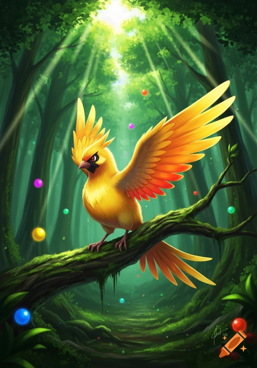 A vibrant, yellow and red-winged bird perches on a mossy branch in a magical, sunlit forest with floating colorful orbs. Fantasy art.