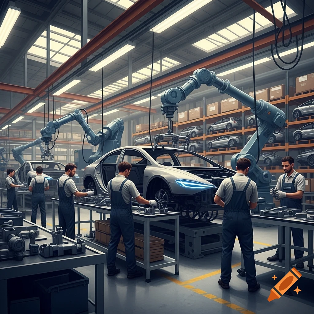 Photorealistic image of workers assembling cars with robotic arms in a brightly lit factory.