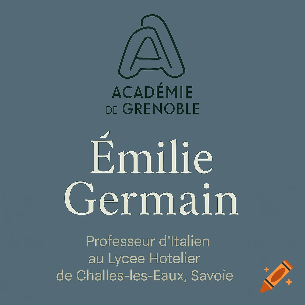 Cover page with Grenoble Academy logo, Émilie Germain, Italian professor at Lycée Hotelier de Challes-les-Eaux, Savoie.