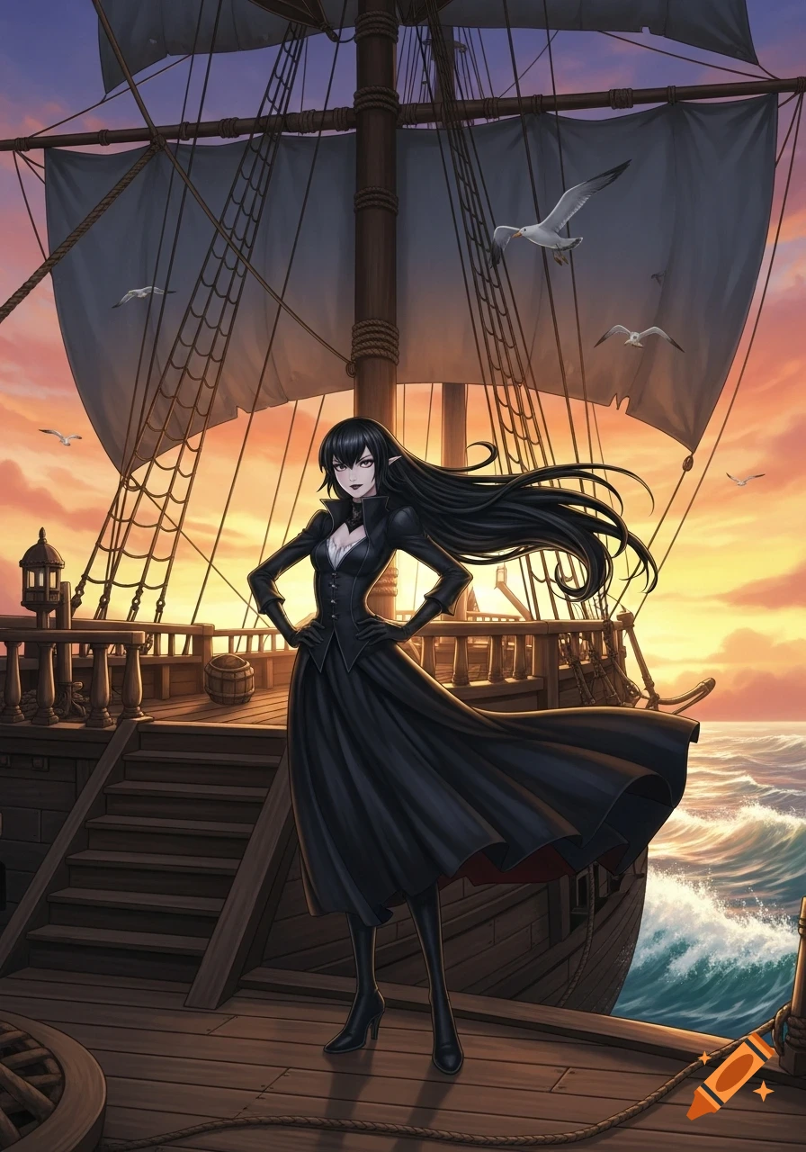 Anime character Mavis in a long black coat stands on a sailing ship at sunset with seagulls flying.