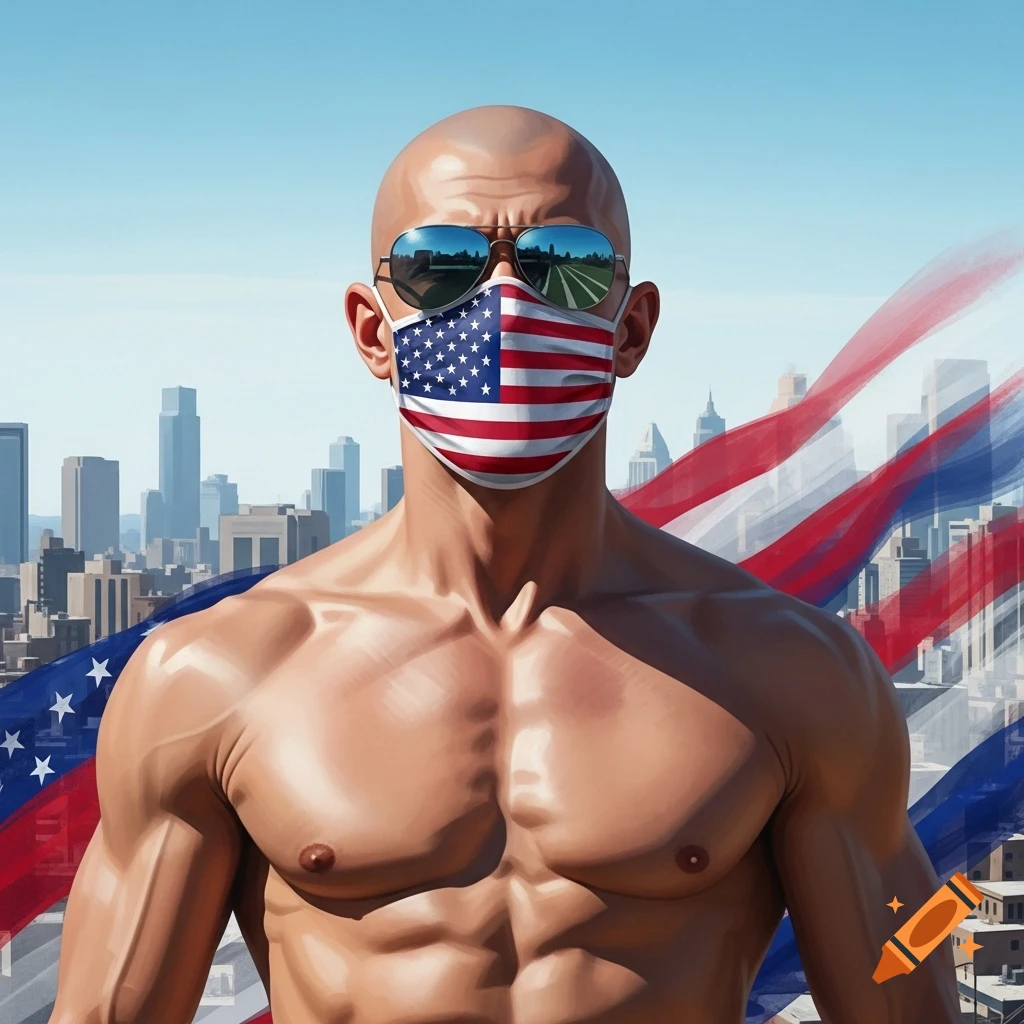 Stylized illustration of a muscular, bald man with an American flag mask and sunglasses, cityscape in background.