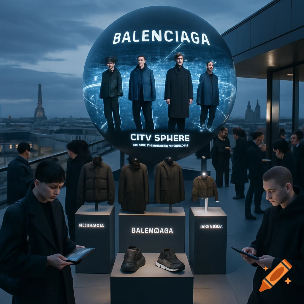 A Balenciaga pop-up event on a rooftop with a Parisian skyline at blue hour. A large circular digital sphere displays models and data, while jackets and sneakers are on pedestals. People interact with tablets.