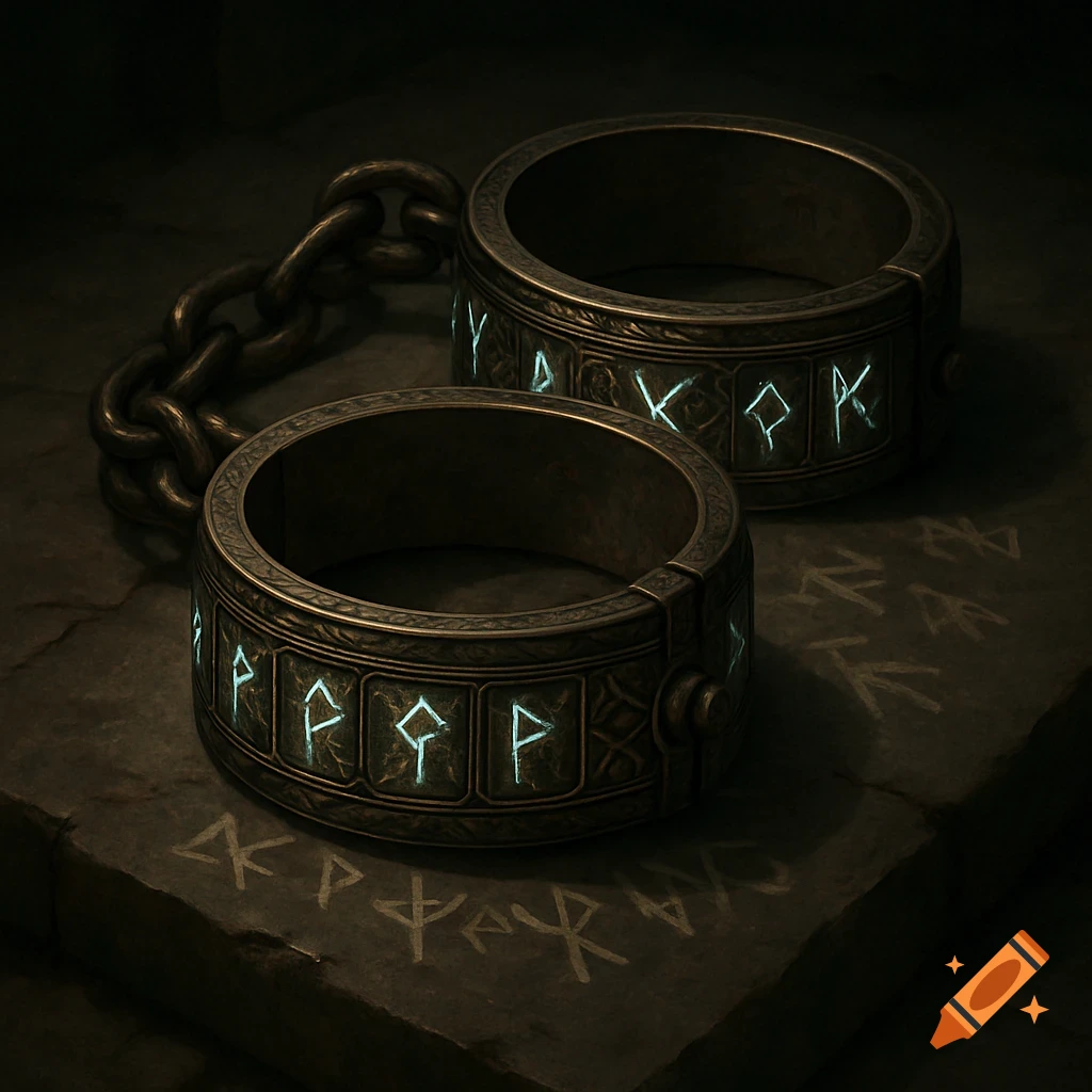 Two ancient metal shackles with glowing blue rune engravings, linked by a chain, rest on a dark stone surface etched with runes.