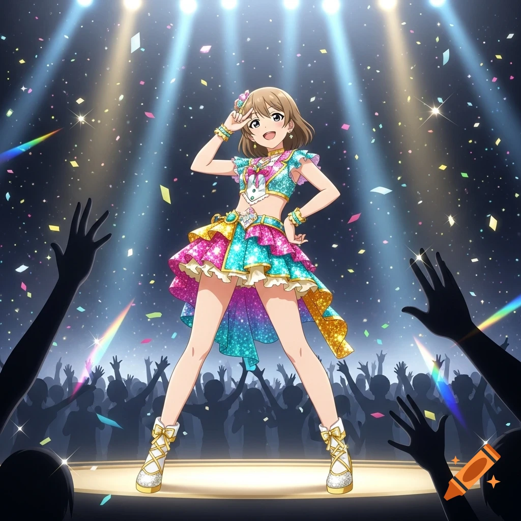 An anime idol girl poses on a stage with a peace sign, surrounded by spotlights, falling confetti, and a silhouetted crowd.
