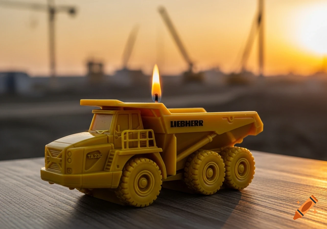 A photorealistic image of a yellow Liebherr TA 230 dump truck candle with a lit flame on a wooden table, blurred sunset construction site in the background.